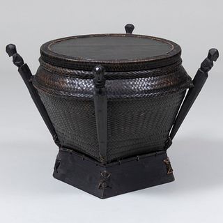 Chinese Ebonized Woven Reed and Wood Picnic Basket