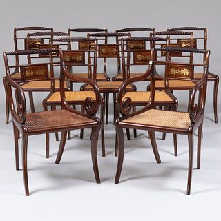 Set of Eleven Regency Style Brass Inlaid Mahogany and Caned Dining Chairs
