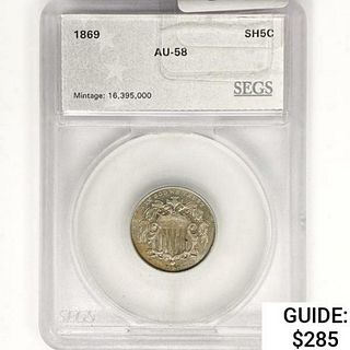 1869 Shield Nickel SEGS AU58 