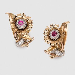 14K Tricolor Gold, Ruby, and Diamond Earclips