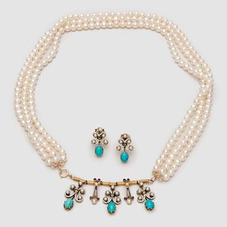 14K Yellow Gold, Turquoise, Pearl, and Enamel Necklace and Earrings