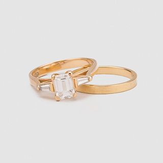 14K Yellow Gold and Diamond Ring and Wedding Band