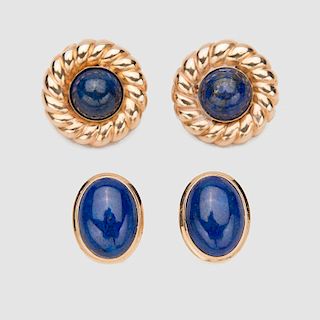 Two Pair 14K Yellow Gold and Lapis Lazuli Earrings