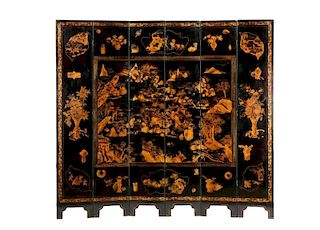 Chinese Six Panel Black Lacquer Floor Screen