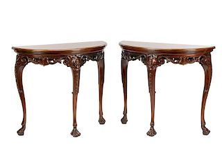 Pair, Baker Chippendale Style Demilune Side Tables