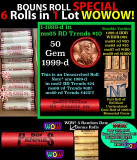 THIS AUCTION ONLY! BU Shotgun Lincoln 1c roll, 1999-d 50 pcs Plus FIVE bonus random date BU roll! Bank Wrapper 50c