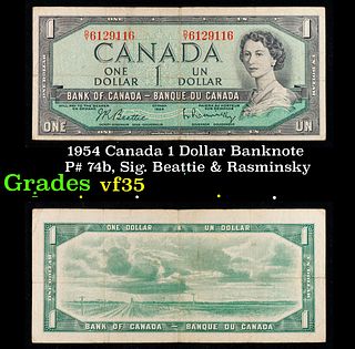 1954 Canada 1 Dollar Banknote P# 74b, Sig. Beattie & Rasminsky Grades vf++