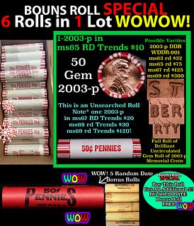 THIS AUCTION ONLY! BU Shotgun Lincoln 1c roll, 2003-p 50 pcs Plus FIVE bonus random date BU roll! Bank Wrapper 50c