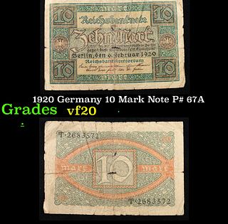 1920 Germany 10 Mark Note P# 67A Grades vf, very fine