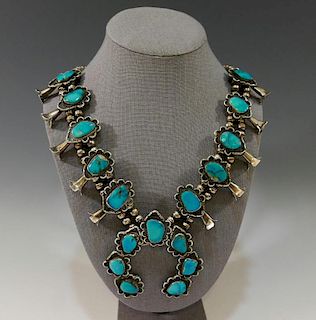 LARGE IMPRESSIVE STELING SILVER TURQUOISE SQUASH BLOSSOM NECKLACE