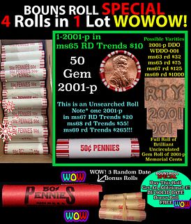 THIS AUCTION ONLY! BU Shotgun Lincoln 1c roll, 2001-p 50 pcs Plus THREE bonus random date BU roll! Bank Wrapper 50c
