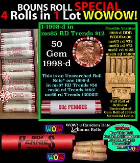 THIS AUCTION ONLY! BU Shotgun Lincoln 1c roll, 1998-d 50 pcs Plus THREE bonus random date BU roll! Bank Wrapper 50c