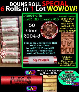 THIS AUCTION ONLY! BU Shotgun Lincoln 1c roll, 2004-d 50 pcs Plus FIVE bonus random date BU roll! Bank Wrapper 50c