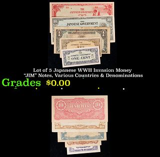 Lot of 5 Japanese WWII Invasion Money "JIM" Notes, Various Countries & Denominations Grades