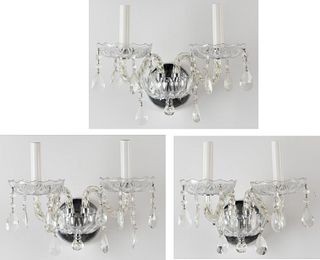MODERN CUT CRYSTAL GLASS DOUBLE-ARM WALL SCONCES, LOT OF THREE