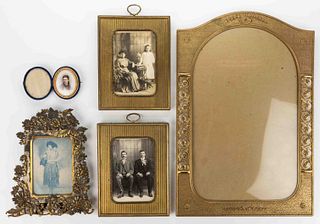 ASSORTED ANTIQUE BRASS FRAMES AND PHOTOGRAPHS, LOT OF FIVE