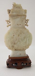 CHINESE CARVED JADE URN ON STAND