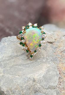 Opal, Emerald and Diamond Ring