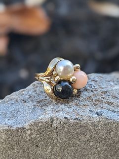 Onyx, Coral and Pearl Ring