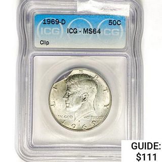 1969-D Kennedy Half Dollar ICG MS64 Clip