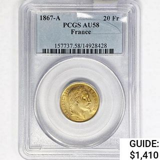 1867-A France .1867oz Gold 20 Francs PCGS AU58 