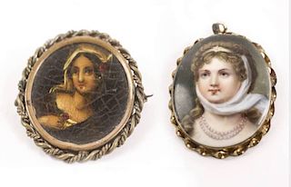 Two Miniature Portraits of Women, Pendant & Pin