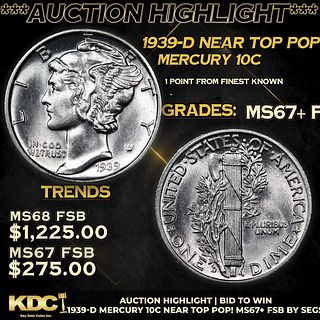 ***Auction Highlight*** 1939-d Mercury Dime Near Top Pop! 10c Graded ms67+ fsb By SEGS (fc)