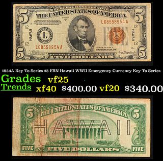 1934A $5 FRN Hawaii WWII Emergency Currency Grades vf+