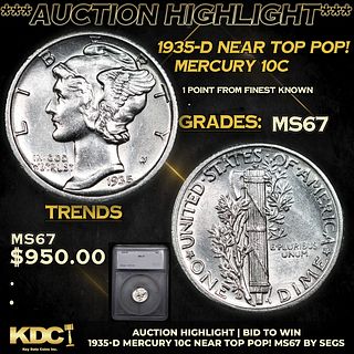 ***Auction Highlight*** 1935-d Mercury Dime Near Top Pop! 10c Graded ms67 By SEGS (fc)