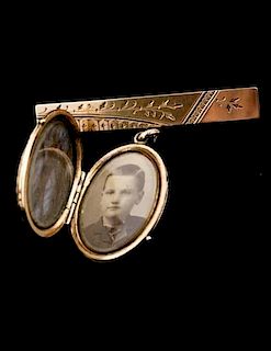 Gold Filled Dangle Locket Bar Pin, Circa 1900