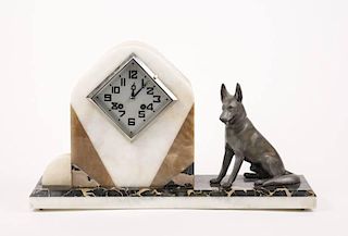 French Art Deco Marble Mantel Clock w/Seated Dog