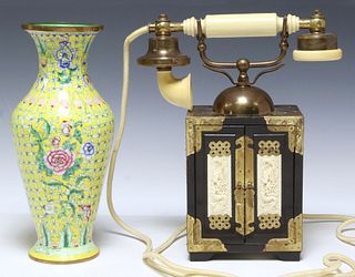 (2) CHINESE LACQUERED CABINET-FORM ROTARY PHONE & CLOISONNE VASE