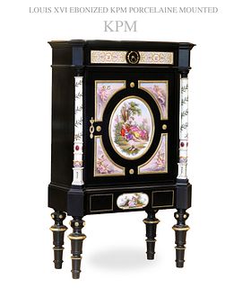 19th C. Louis XVI Ebonized KPM Porcelain Plaques Cabinet
