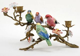 Song Birds & Flowers, A Bronze/Porcelain Candle Holder