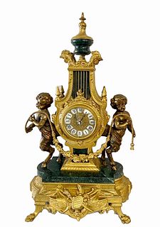 An Italian Brass Green Marble Figural Clock