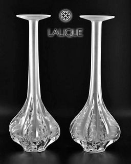 A Set of 2 French Marie-Claude LALIQUE Frosted & Art Glass Crystal Vases, Signed