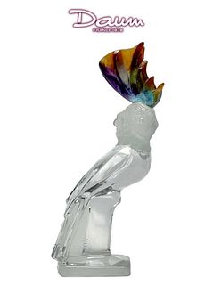 A French DAUM Pate De Verre Frosted & Clear Art Glass Crystal Cockatoo Bird Figurine