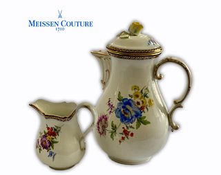 A Set Of 2 German Meissen Floral Gilt Porcelain Coffee/tea Pot & Creamer