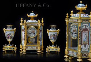 A Museum Quality 19th C. Tiffany & Co. Sevres Hand Painted Signed Champleve Bronze Clock Set