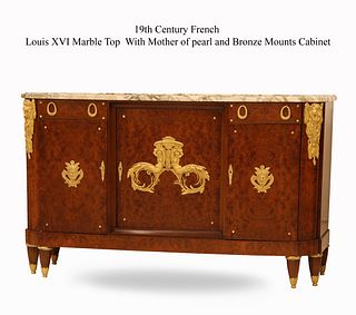 19th C. French Louis XVI Mother Of Pearl & Bronze Mounted Top Marble Cabinet