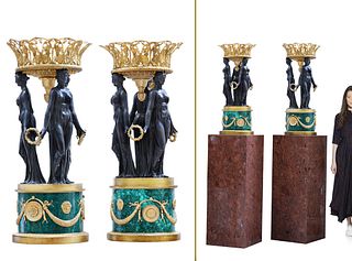 A Pair Of Monumental Empire Figural Bronze/Malachite Centerpieces