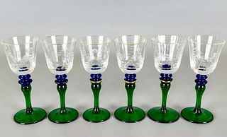 A Set Of Six Italian Murano Hand Blown Glass 24k W/ Gold Trim Green & Blue Wine Glasses