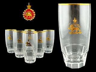 Iran Persian Pahlavi Set of 6 French Attributed Baccarat Lion & Sun Marked Glasses