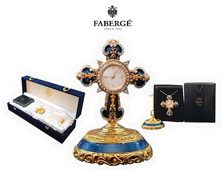 House of FABERGE Sapphire Blue Enamel Crystal Cross Pendant Watch W/ Decorative Base, Boxed