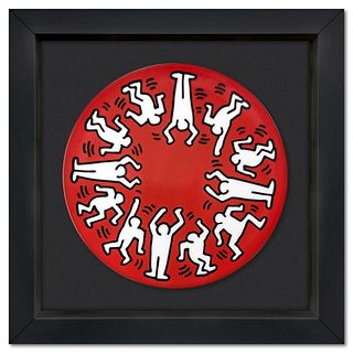 Keith Haring (1958-1990), "White on Red" Framed Limited Edition Plate with Letter of Authenticity.