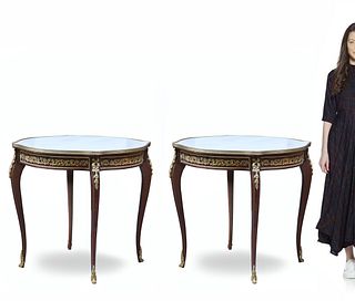 A PAIR OF LOUIS XV STYLE BRONZE-MOUNTED MARBLE-TOP CENTER TABLES