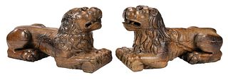 Pair of Continental Carved Wood Lion Statues