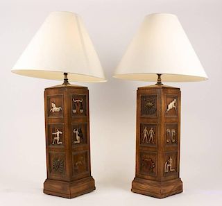 Pair of Mid-20th C. Oak Lamps w/ Astrology Motif