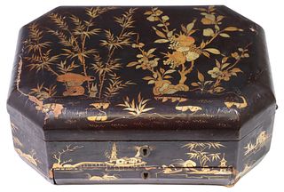 CHINESE PARCEL GILT & LACQUERED SEWING BOX