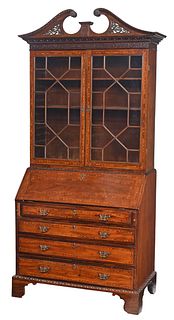 British Chippendale Style Inlaid Mahogany Secretary Bookcase
